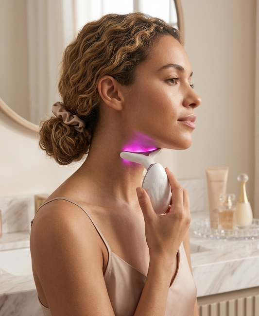 Mannequin de profil utilisant le Velya Sculpt pour un massage du cou avec luminothérapie LED